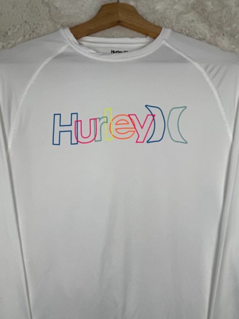 Hurley White Swim Shirt Long Sleeve Crew Neck Logo Stretch Men Size S Activewear